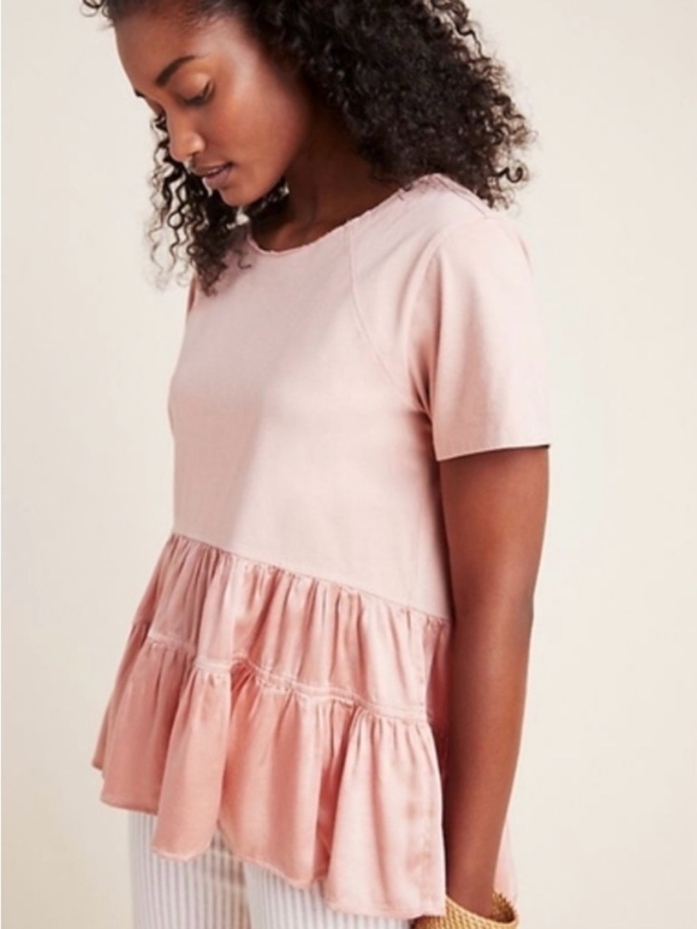 Anthropologie Iona Flounced Mixed Media Top Blush Pink Medium
